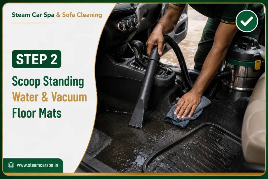 📷 Car DIY Step 2 Guide (AI Illustrative Diagram): Waterlogged car interior floor carpet drying guide