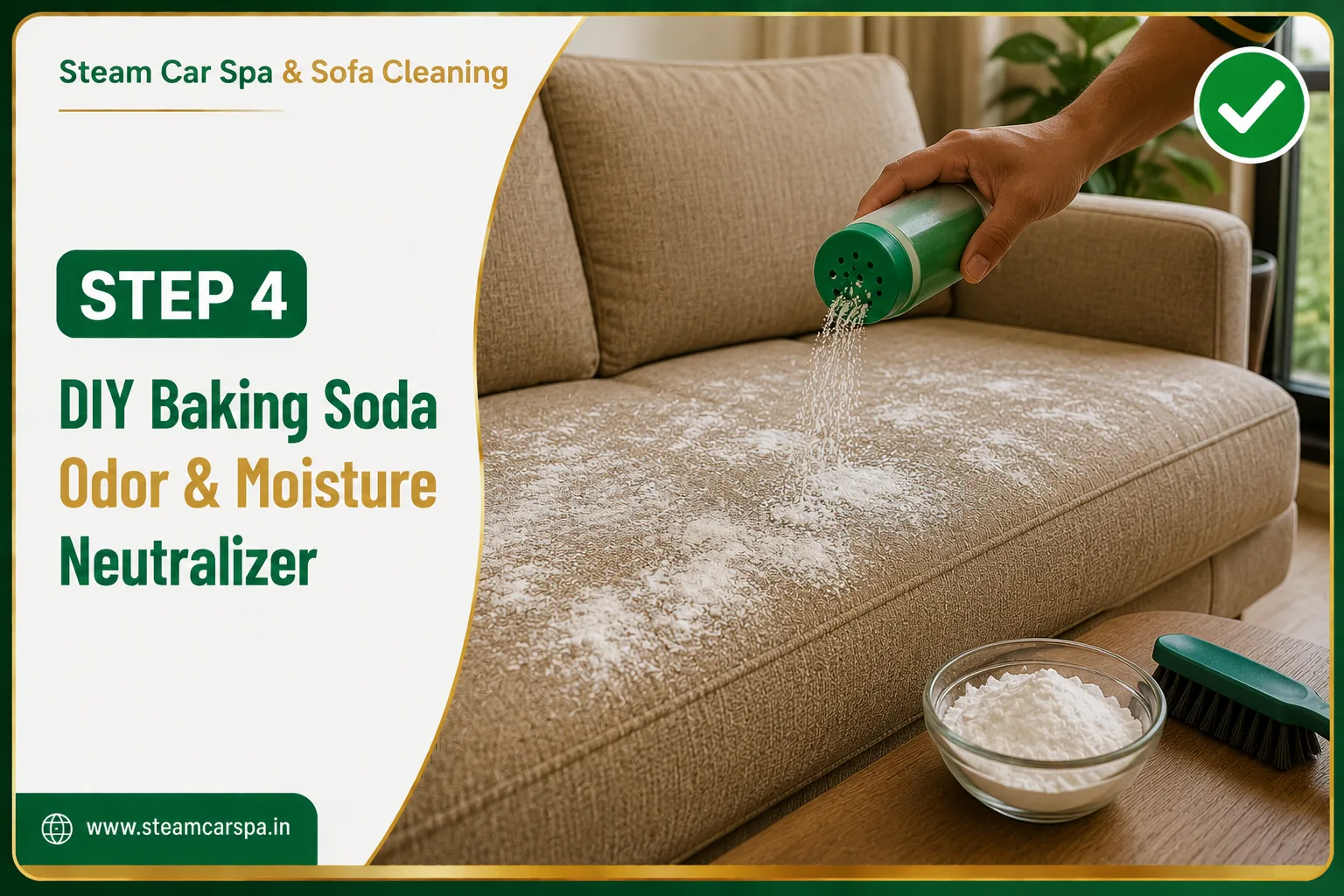 Step 4 DIY Guide: Baking soda sprinkled over damp fabric cushion for odor absorption