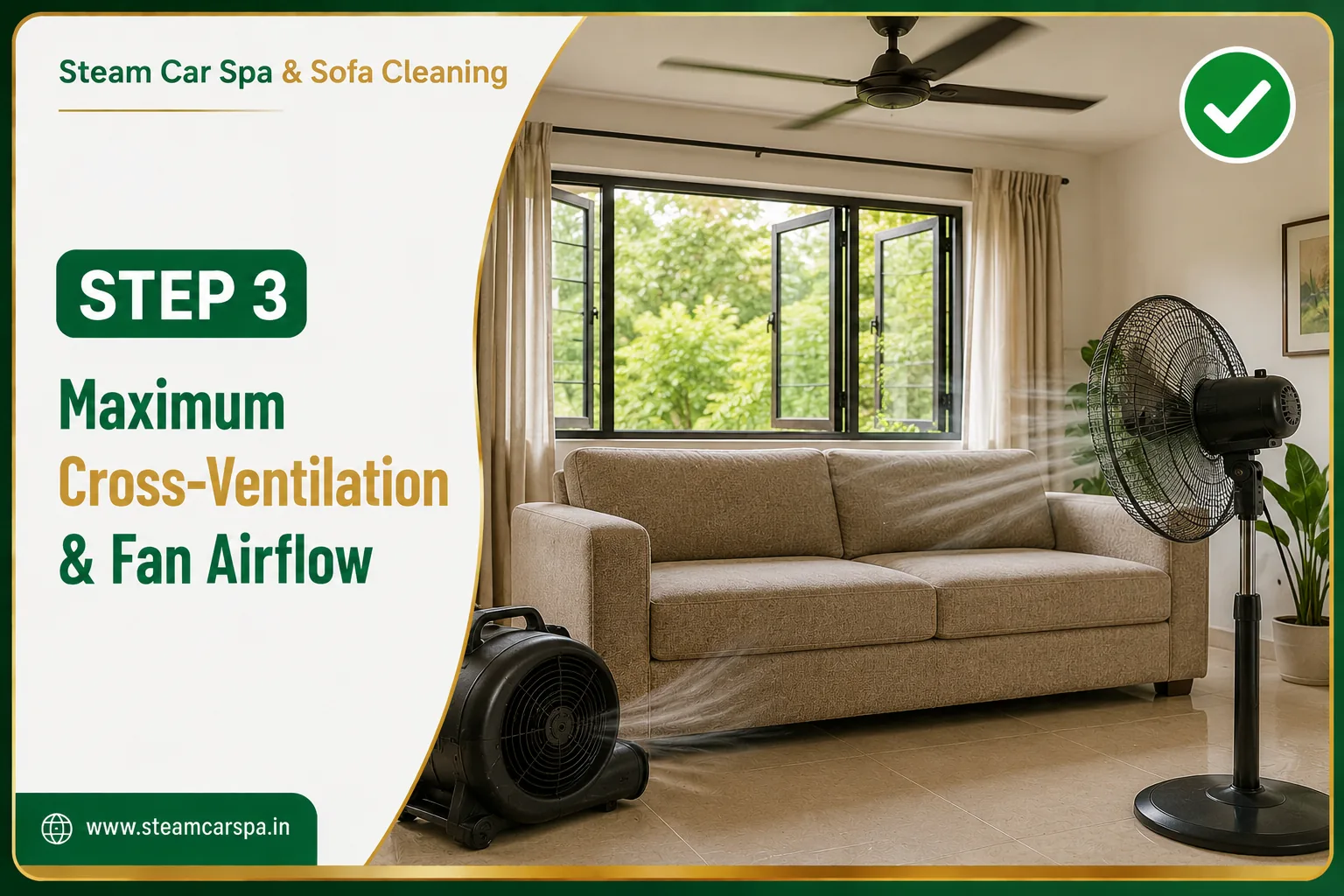 Step 3 DIY Guide: Pedestal fan aimed at damp sofa for cross-ventilation