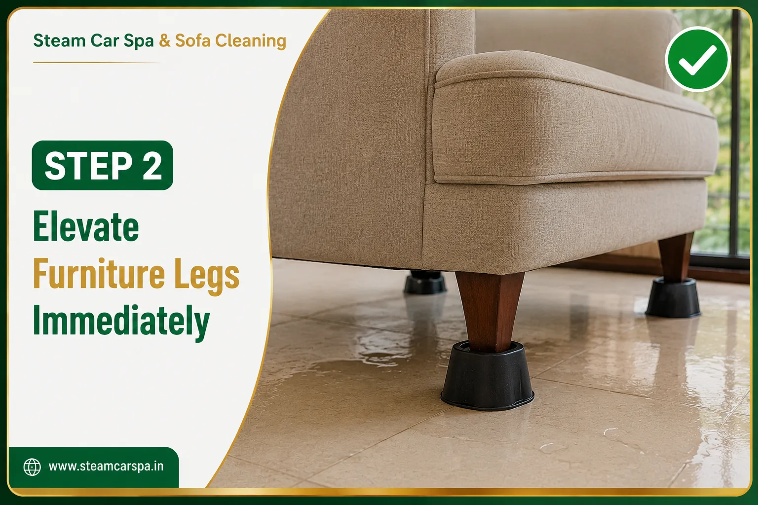Step 2 DIY Guide: Wooden blocks under sofa legs to elevate off damp floor