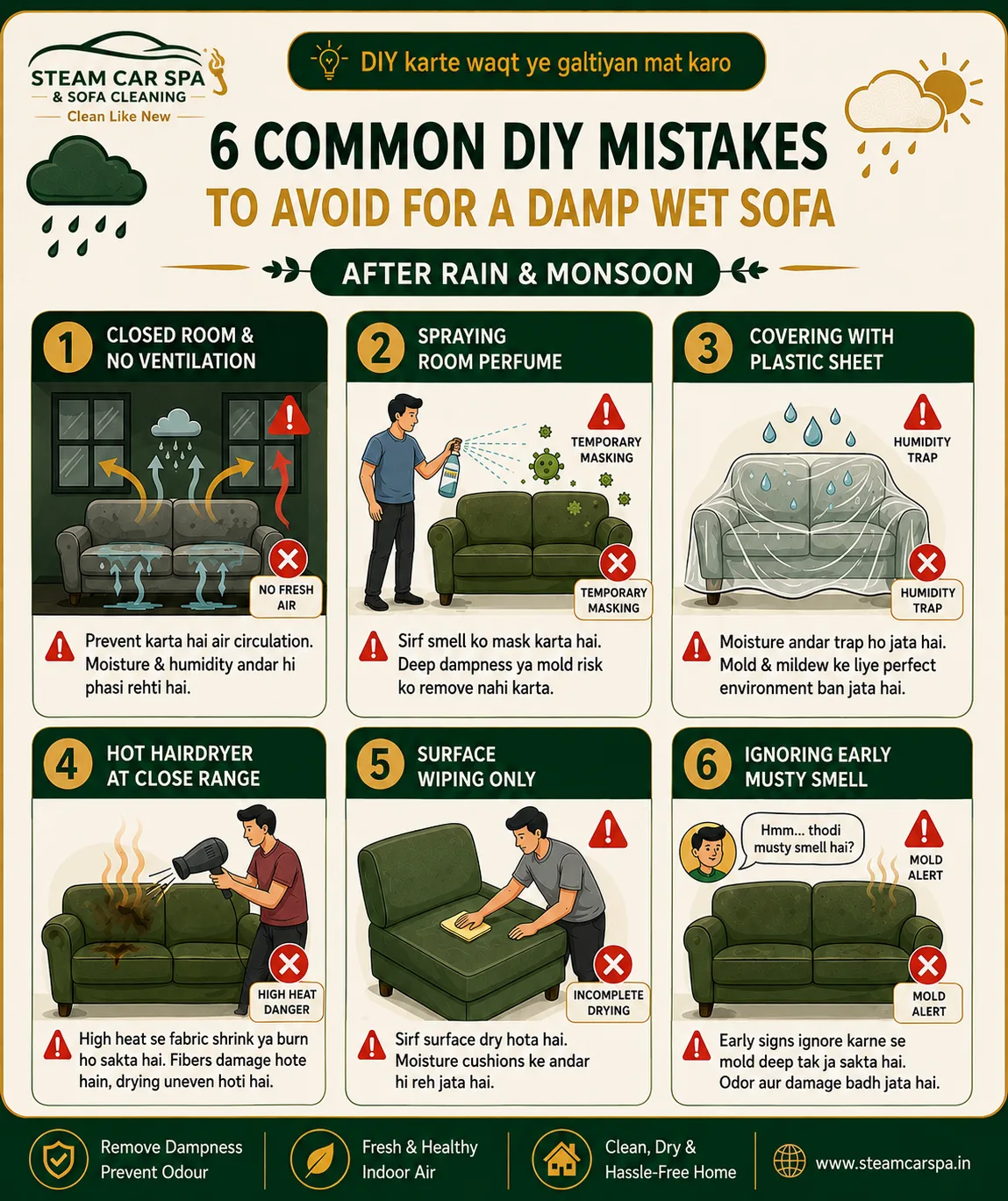 DIY mistakes to avoid after rain — closed room, perfumes, plastic cover, close-range hot air, surface wiping, ignoring early signs