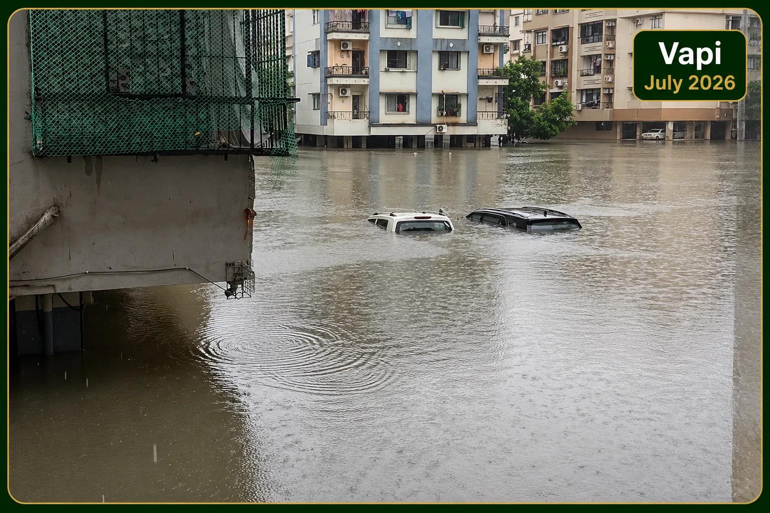 Submerged white car parked in flood water on highway road